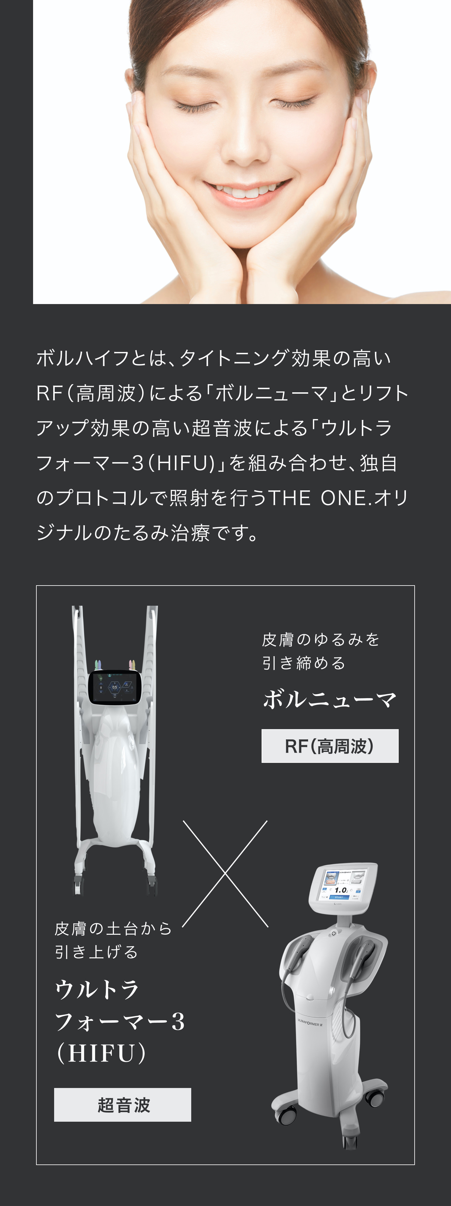 ボルハイフとは、タイトニング効果の高いRF(高周波)による「ボルニューマ」とリフトアップ効果の高い超音波による「ウルトラフォーマー3(HIFU)」を組み合わせ、独自のプロトコルで照射を行うTHE ONE.オリジナルのたるみ治療です。 皮膚のゆるみを引き締める ボルニューマ RF(高周波) x 皮膚の土台から引き上げる ウルトラフォーマー3(HIFU) 超音波