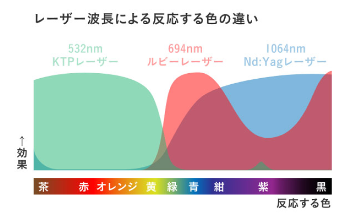 レーザー波長による反応する色の違い 532nm KTPレーザー 694nmルビーレーザー 1064nm Nd:Yagレーザー 効果↑ 茶 赤 オレンジ 黄 緑 青 紺 紫 黒 反応する色